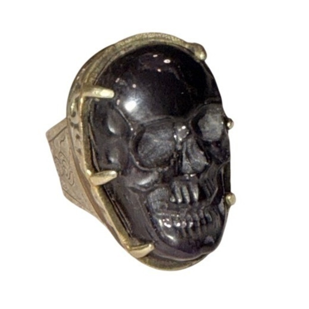 Amethyst Hand Carved Skull Ring Size 7.5 Unisex Black Silver Floral Engraved